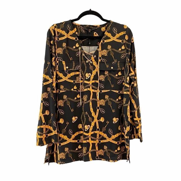 Max Sport Womens Blouse Black Gold Jewelery Stretch Chain Lace Up Pocket XL New - Picture 1 of 11